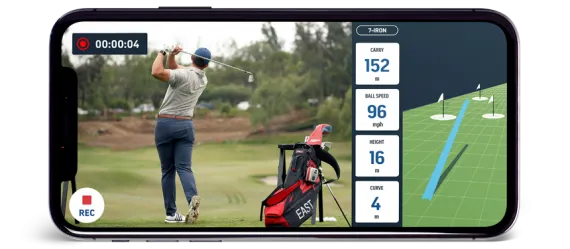 Image of a smart phone displaying the golfer and their shot data