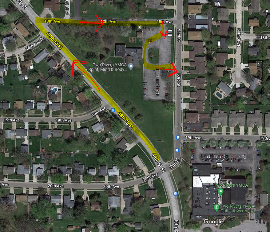 Map of route: From 48th Street, turn East onto 18th avenue, turn into parking lot and drive up to front of building, passenger side to the building. Exit onto 53rd street.